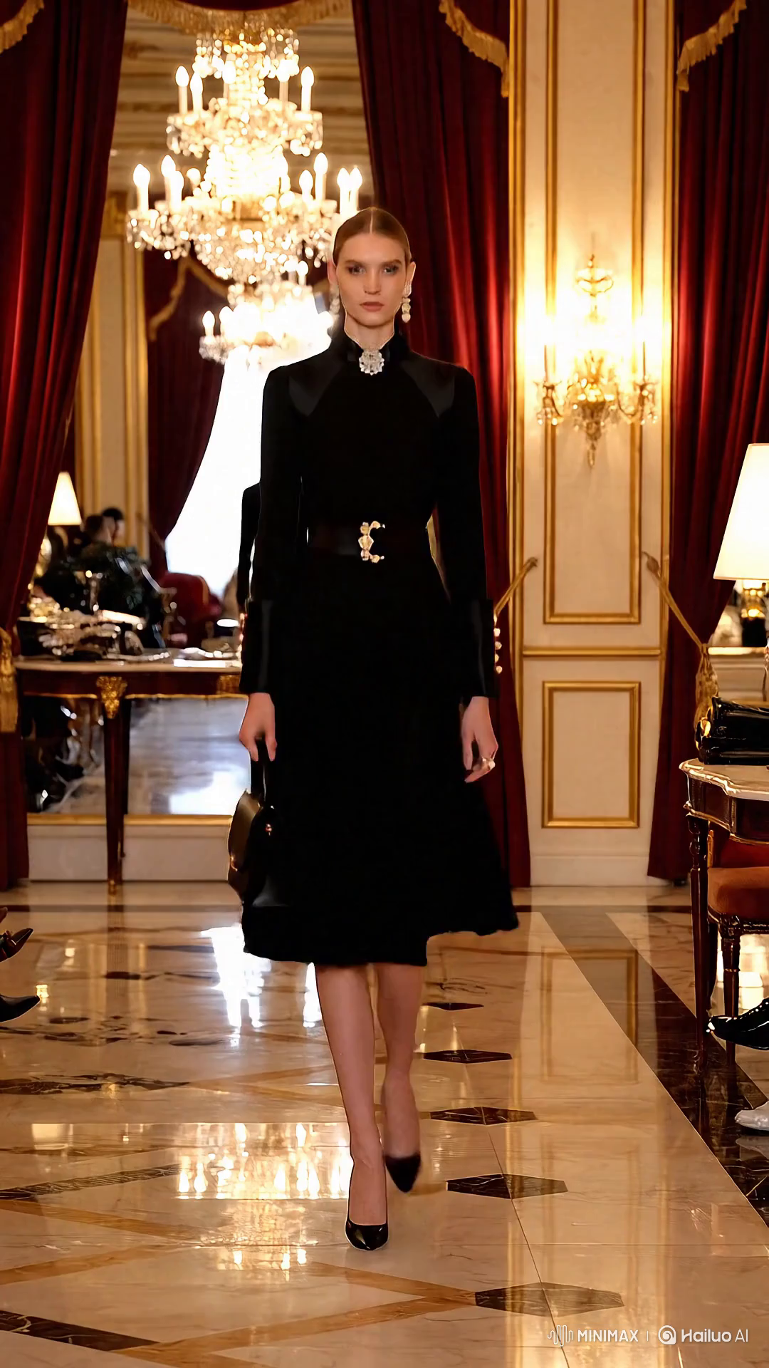 Russian Model Showcases Chic Outfit in Luxurious Salon