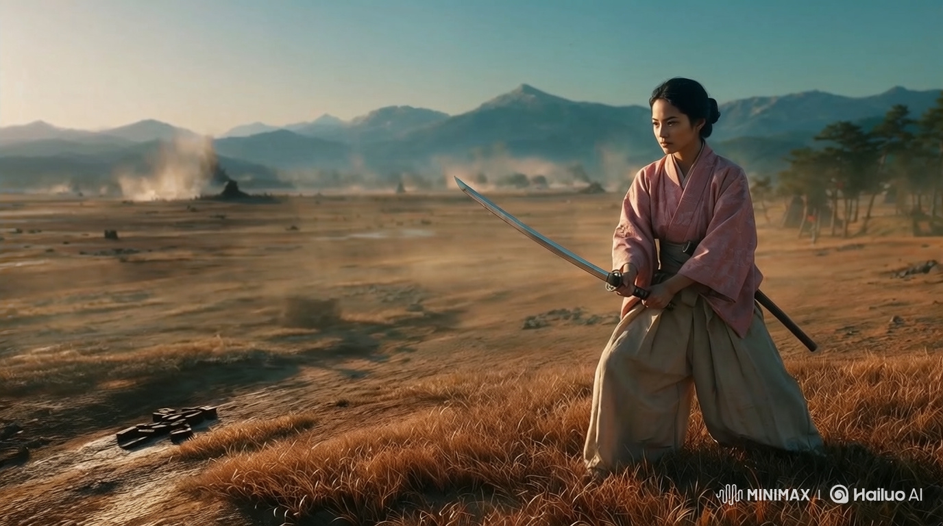 Female Warrior's Graceful Sword Combat on Golden-Hour Battlefield