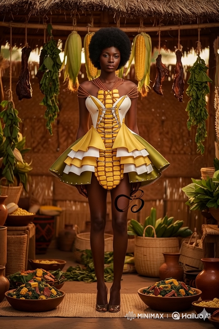 Woman in Avant-Garde Corn-Inspired Dress Struts Confidently Towards the Camera