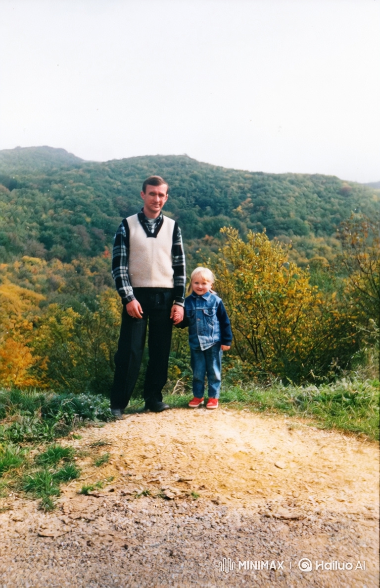 Father and Daughter Share Loving Embrace in Autumn Landscape