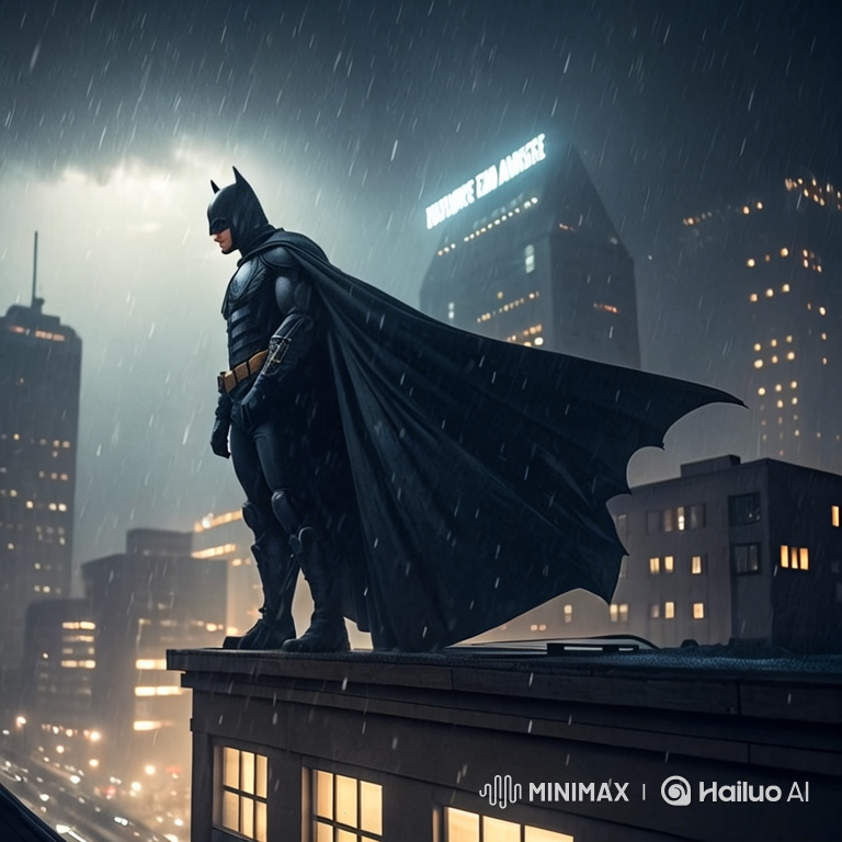 Realistic vigilante on a rain-soaked rooftop in slow motion
