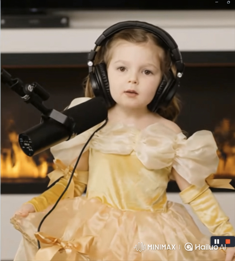 Little Girl in Ball Gown Sings with Focus Before Fireplace