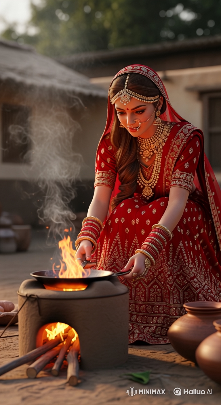 Woman Tends Fire in Traditional Dress, Rural Setting