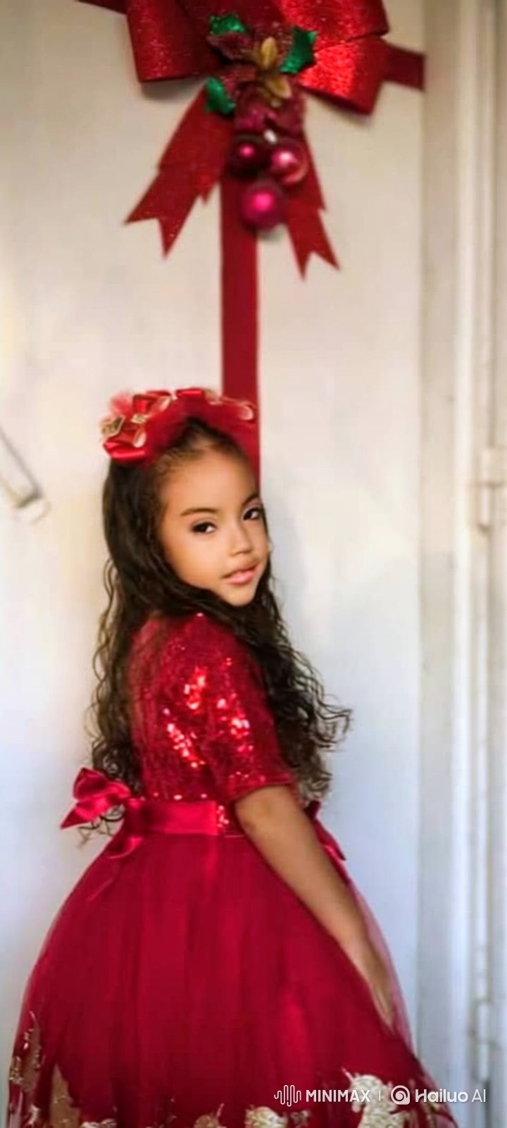 Young Girl in Festive Red Dress Shows Joy