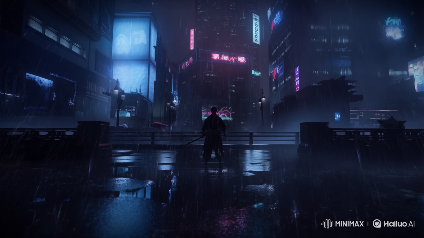 Cyberpunk Tokyo: Lone Samurai in Neon Downpour