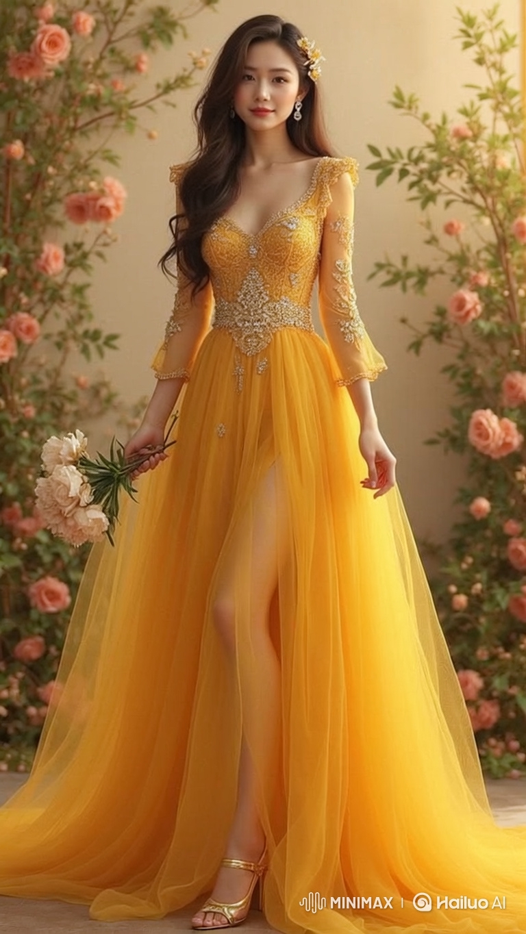 Young Woman in Yellow Gown Models Gracefully in Garden Setting