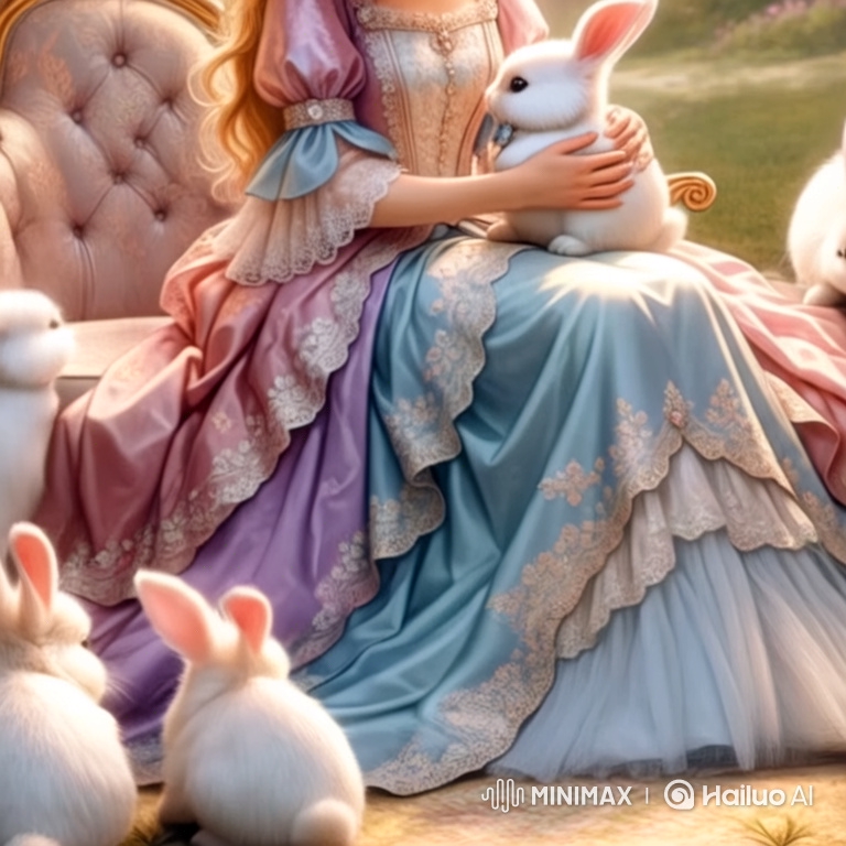 Woman in Pastel Gown with Rabbits: A Tranquil Scene