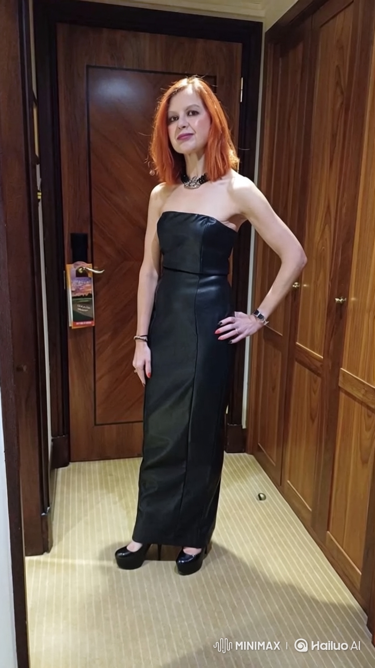 Woman in Leather Gown and Man Reunite Affectionately