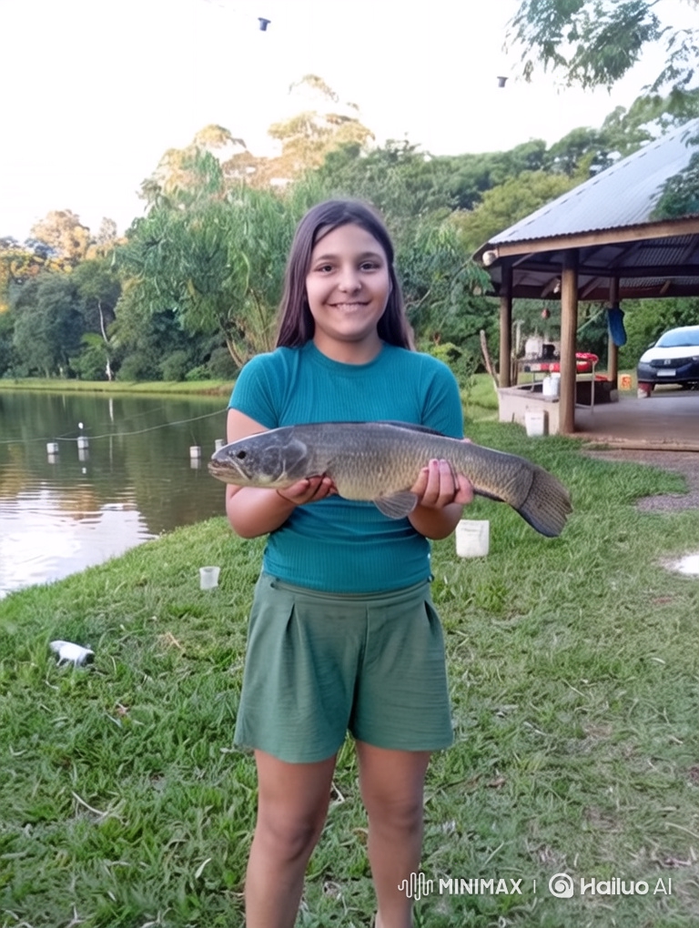 Young Girl by Lake with Fish Amidst Golden Hour