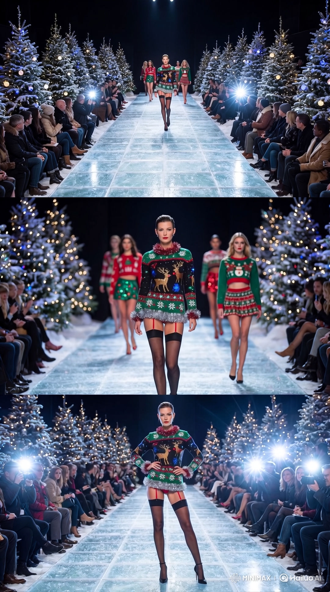 Nighttime Fashion Show with Glittering Runway and Model Poses