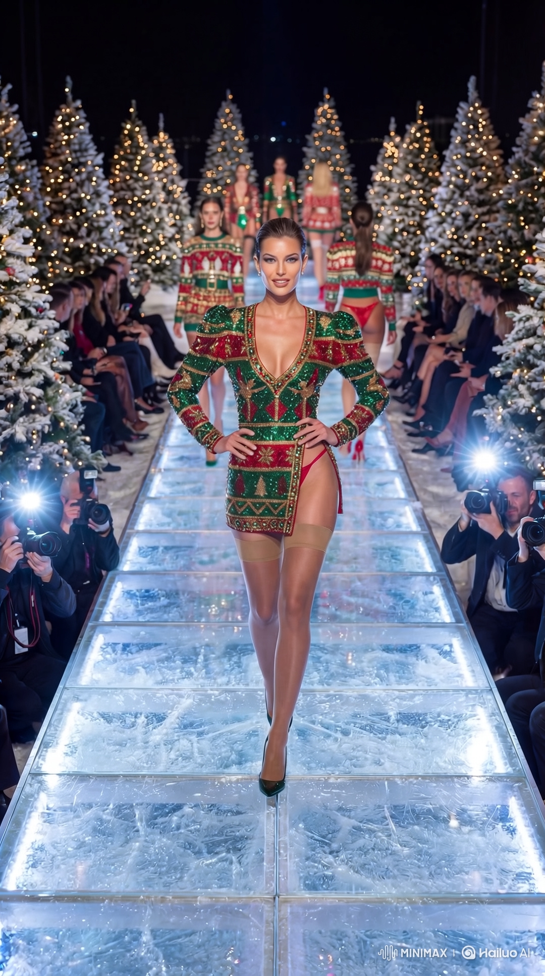 Nighttime Fashion Show: Model Struts in Festive Embellished Sweater