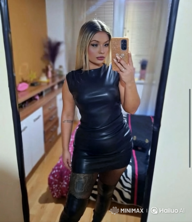 Woman in Leather Dress Welcomes Man with Embrace