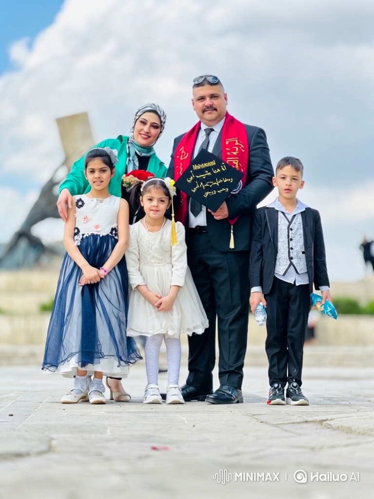 Family Celebrates Father's Graduation on Bright Plaza
