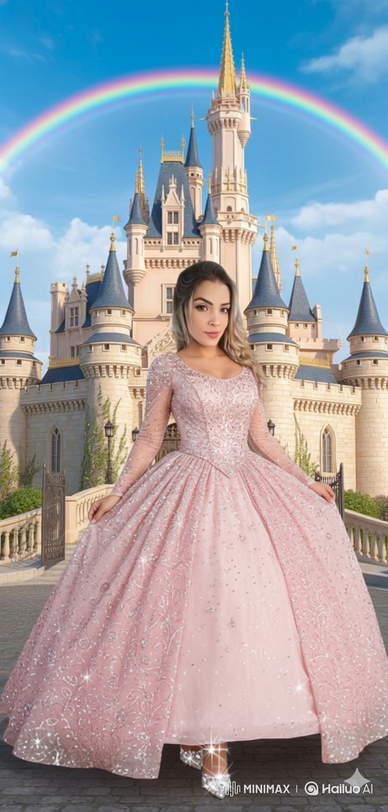 Woman in Sparkling Ball Gown Walks Gracefully Toward Camera