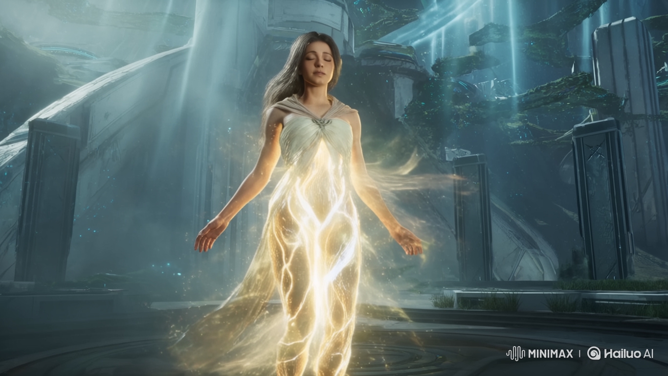 Transcendent Woman Enveloped in Energy in Futuristic Alien Environment