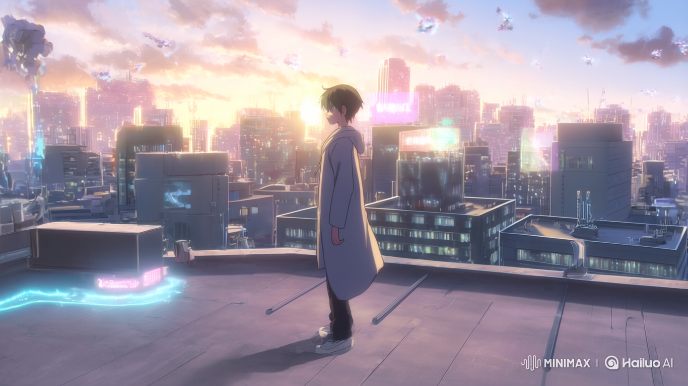 Teenage Anime Boy's Determined Run Across Futuristic City Rooftops