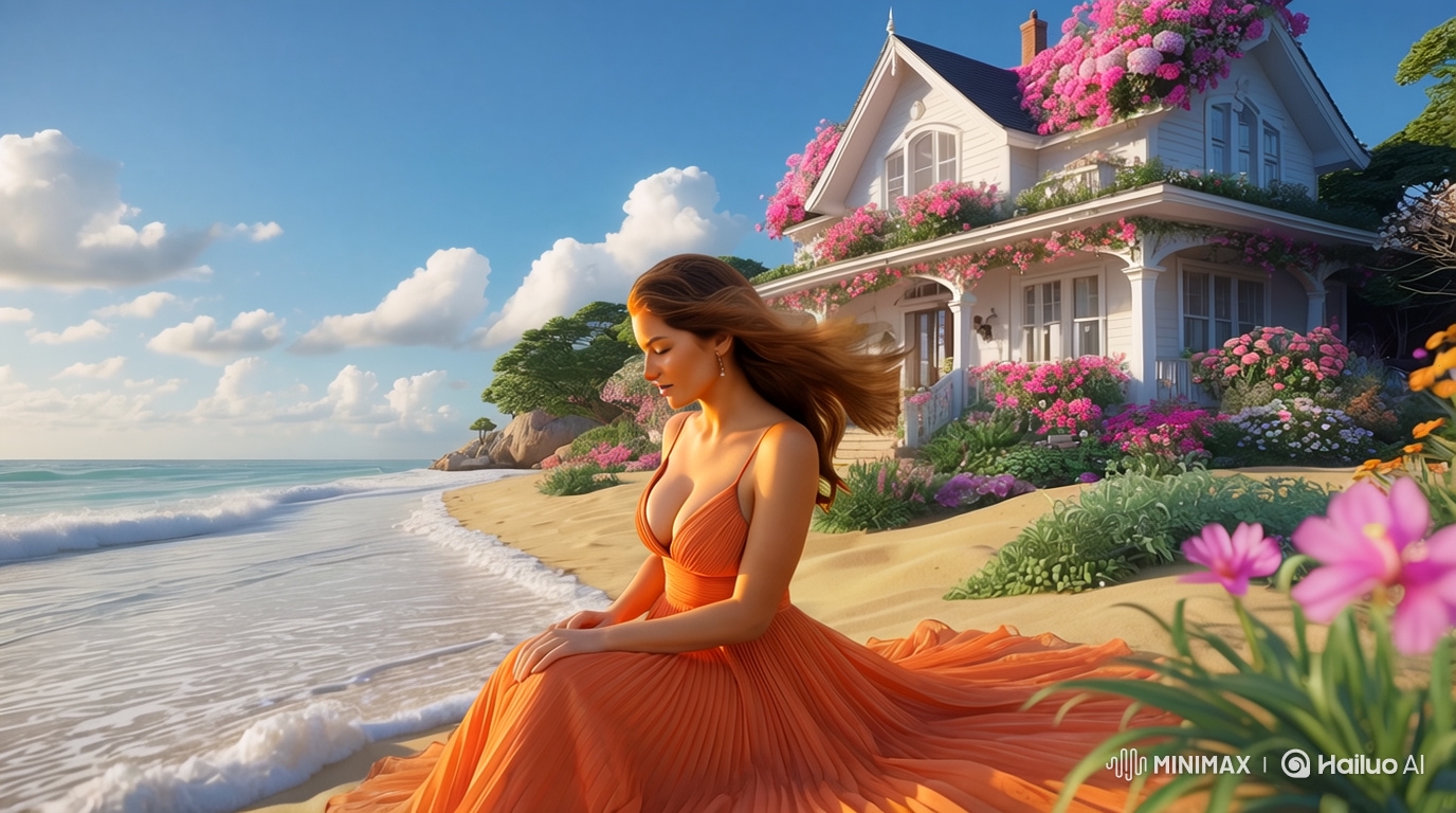 Golden Beach Sunset: Woman in Coral Dress by the Sea