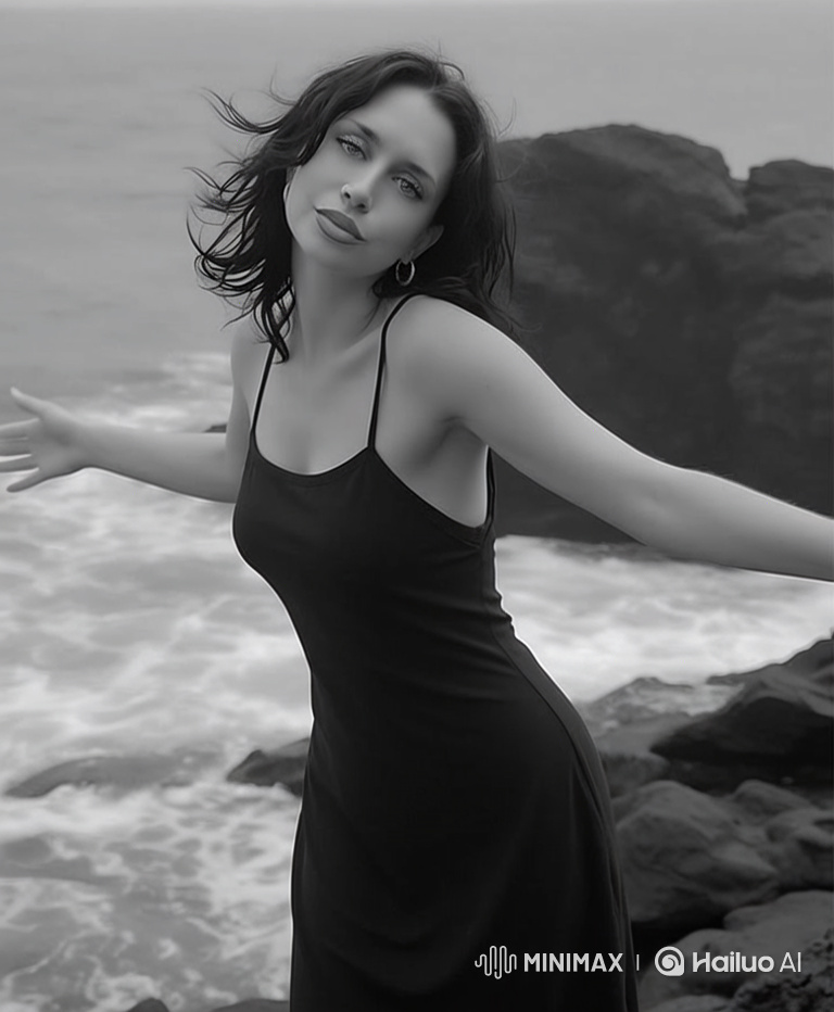 Romantic Cinematic Scene: Woman Embraces Sea's Beauty