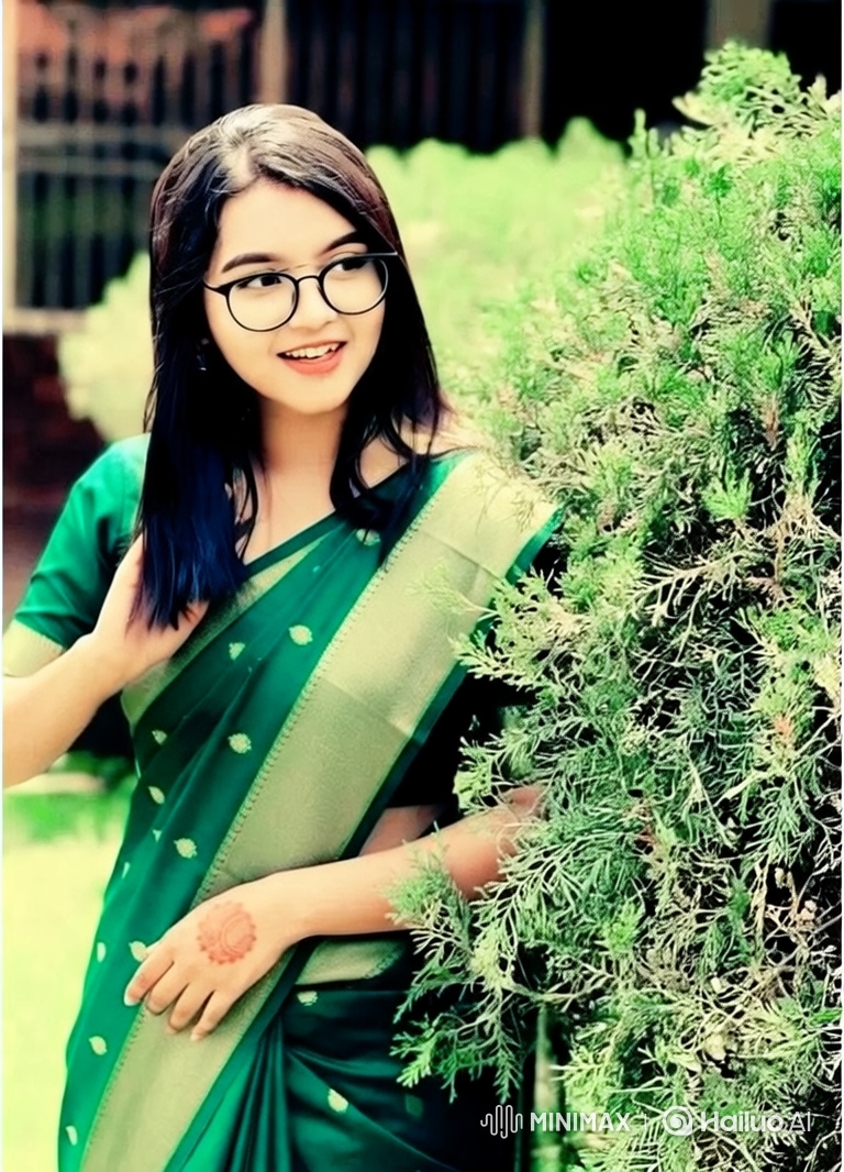 Young Woman in Elegant Green Dress in Peaceful Garden
