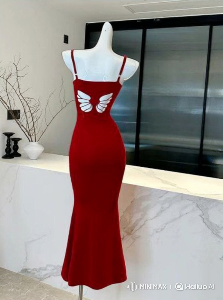 Woman Showcases Elegant Red Dress with Angel Wing Cutout