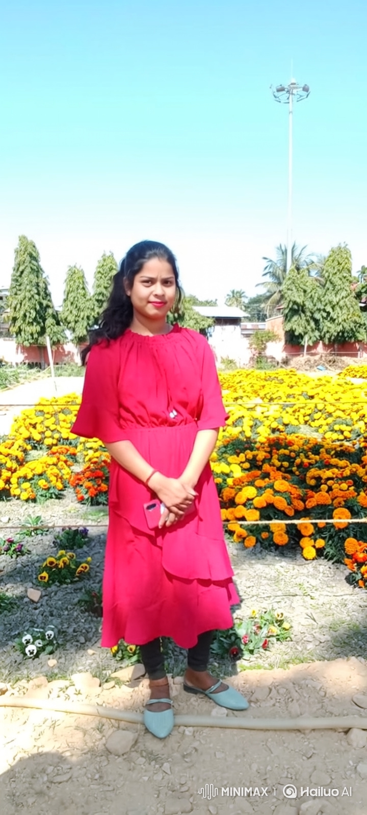 Young Woman in Red Dress Enjoys Serene Garden Moment