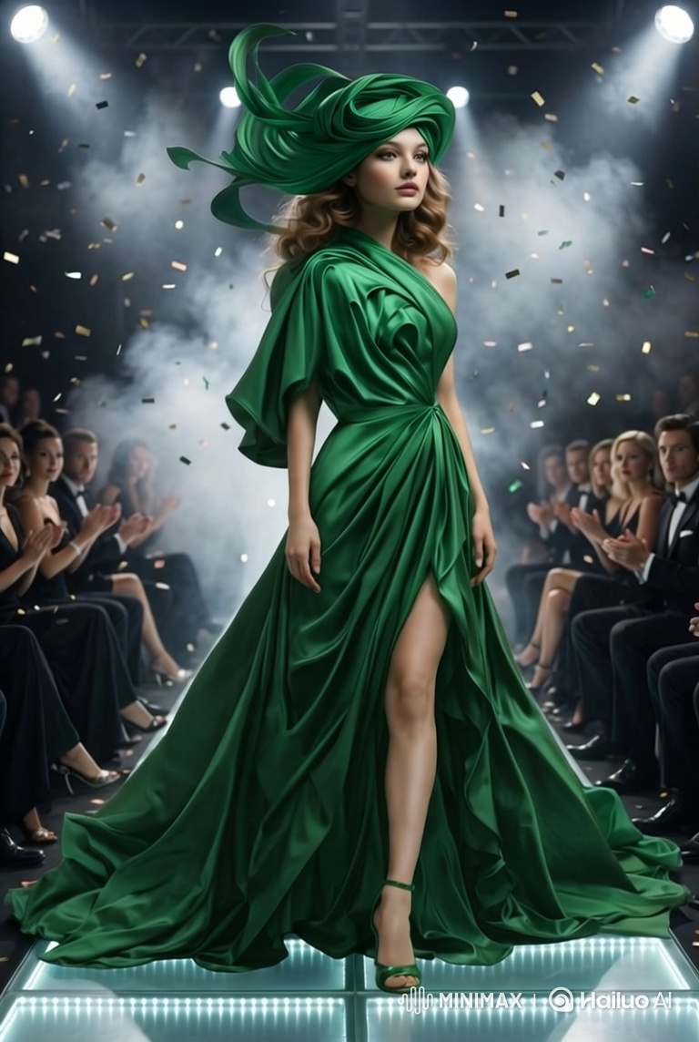 Runway Model Showcases Majestic Emerald Gown