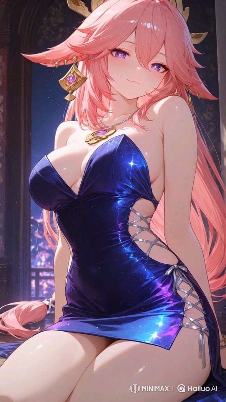Pink-haired woman in a blue dress performs a graceful routine