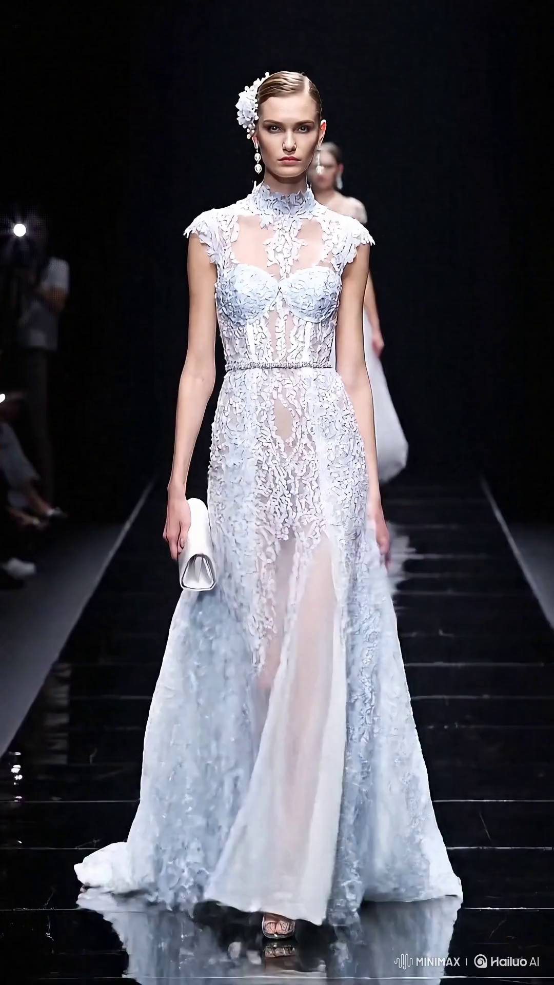 Russian Model in Blue Lace Gown at Fashion Show