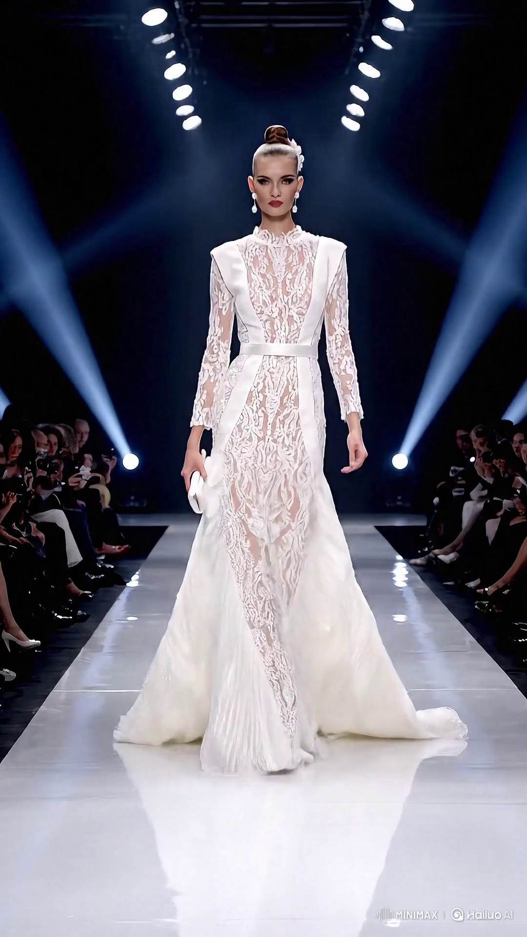 Russian Model Showcases Elegant Lace Gown on Runway