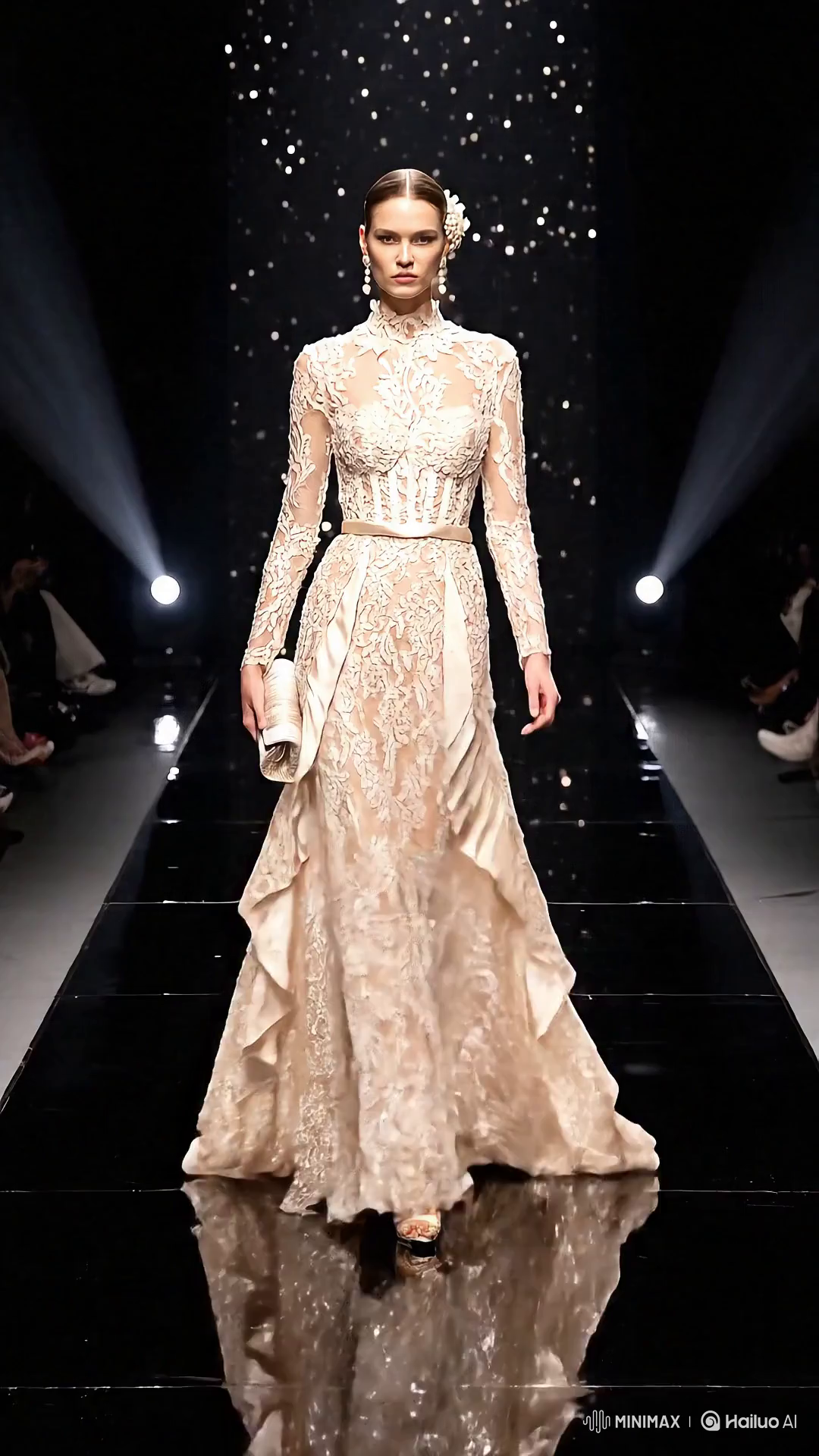 Russian Model Showcases Elegant Beige Lace Gown on Runway