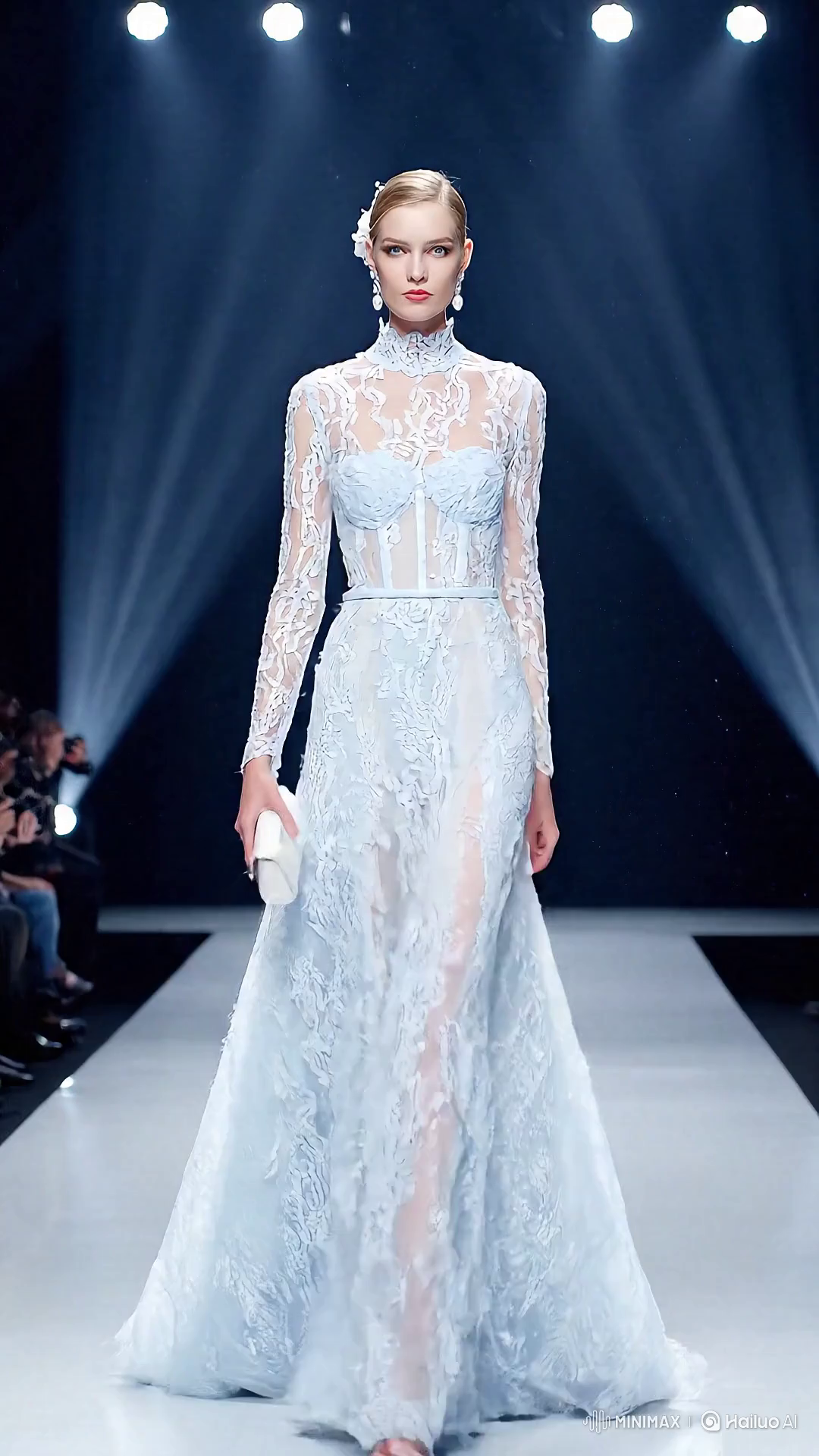 Russian Model Showcases Elegant Blue Lace Gown on Runway