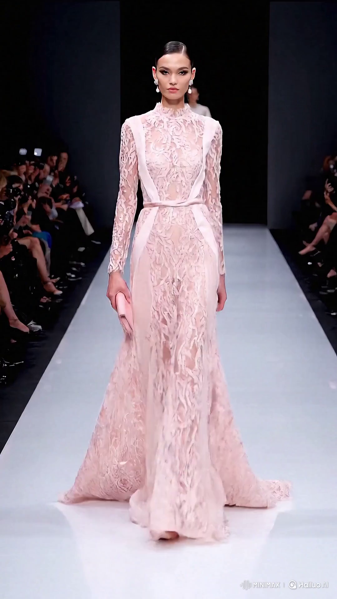 Russian Model Showcases Elegant Rose Evening Gown on Runway
