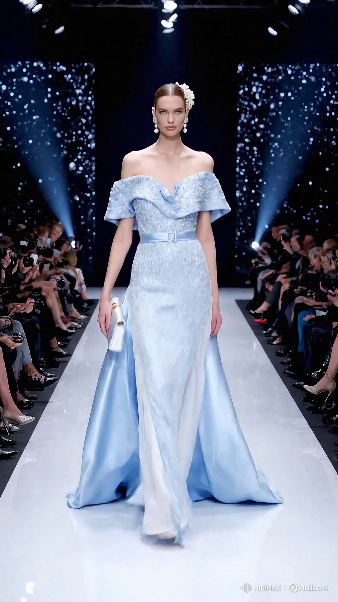 Russian Model Showcases Elegant Blue Gown on Runway
