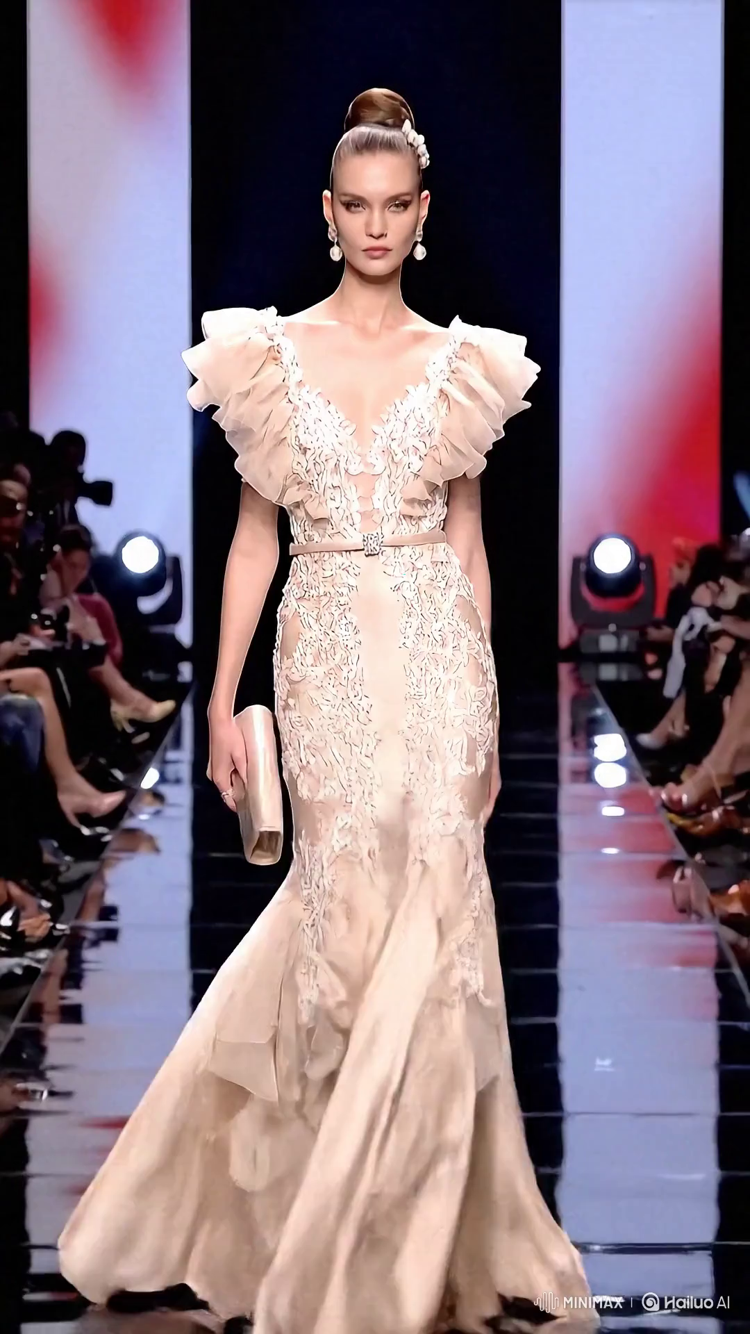 Russian Model Showcases Silk Organza Dress on Catwalk