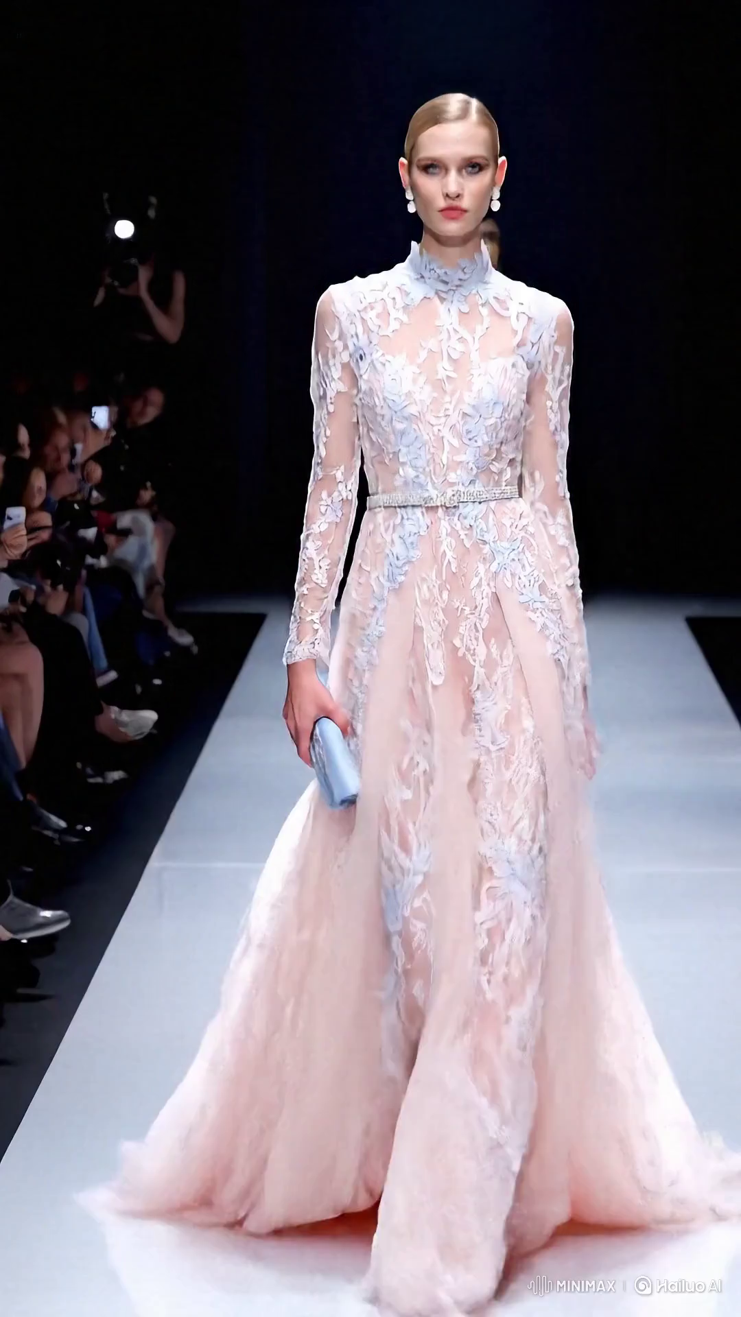 Russian Model Showcases Delicate Lace Dress on Runway