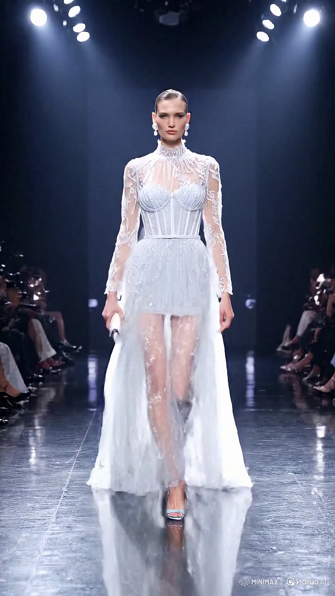 Russian Model in Blue Lace Gown at Fashion Show