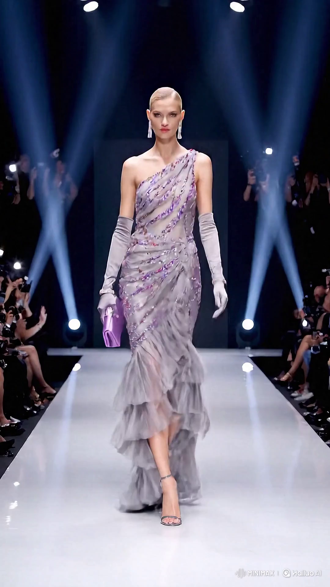 Russian Model in Glittering Organza Evening Gown on Runway