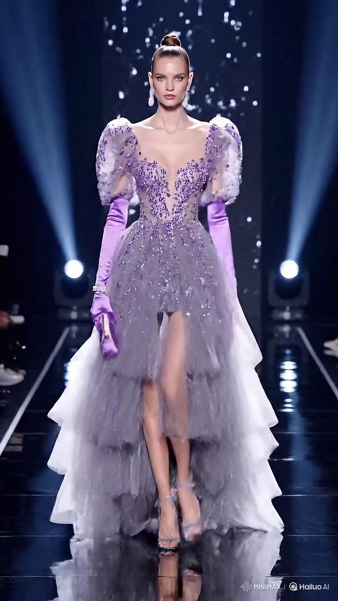 Russian Model in Lavender Evening Dress on Catwalk