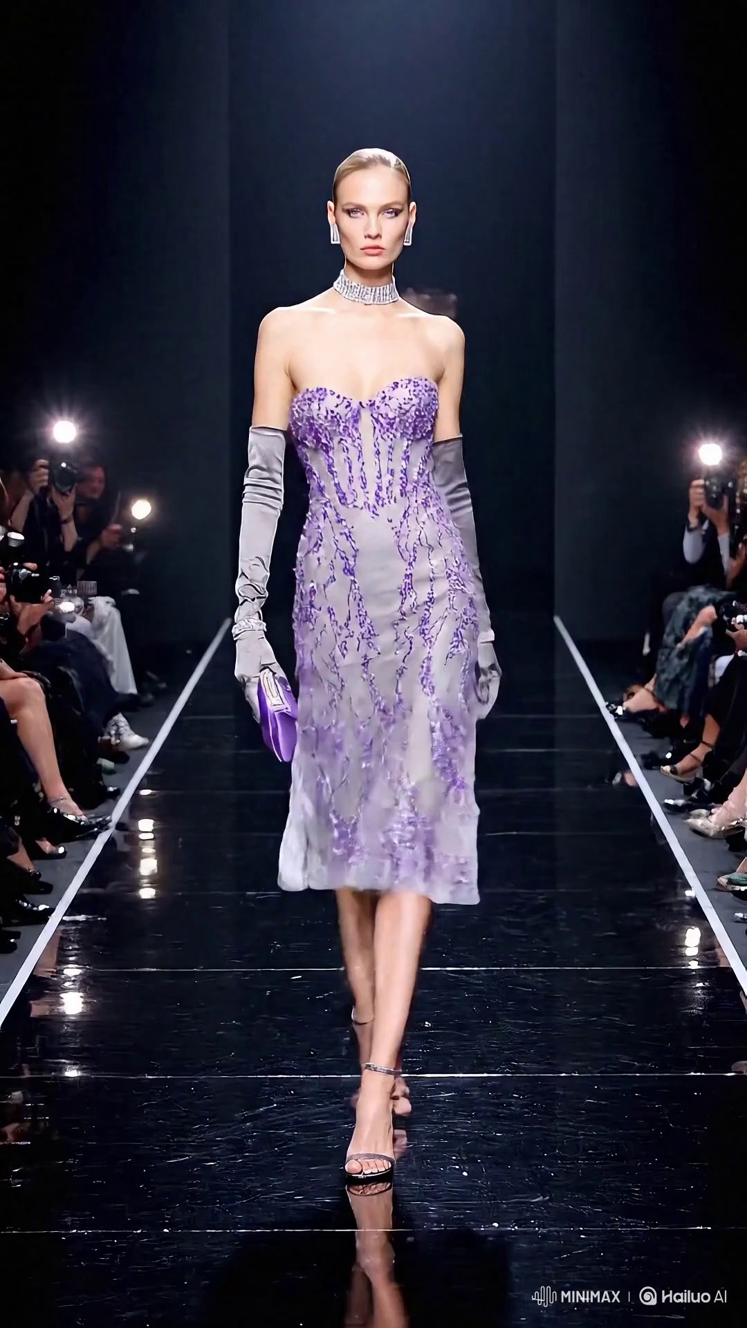 Russian Model Showcases Lavish Lilac Evening Gown on Runway