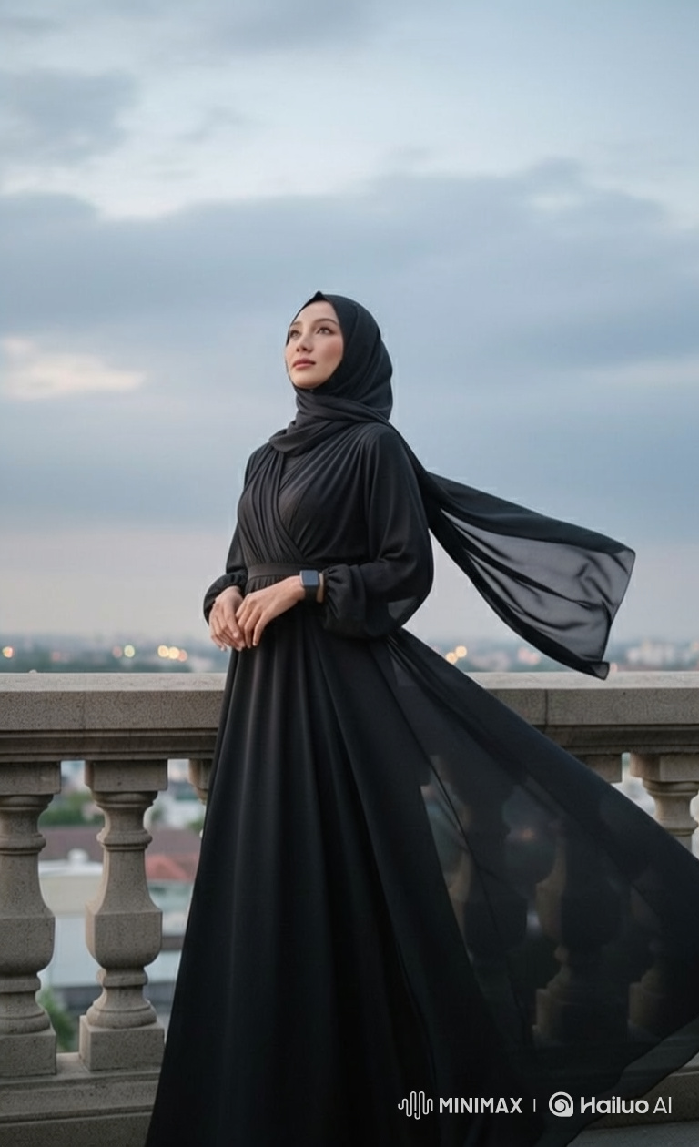 Elegant Woman in Black Gown Enters Room on Balcony