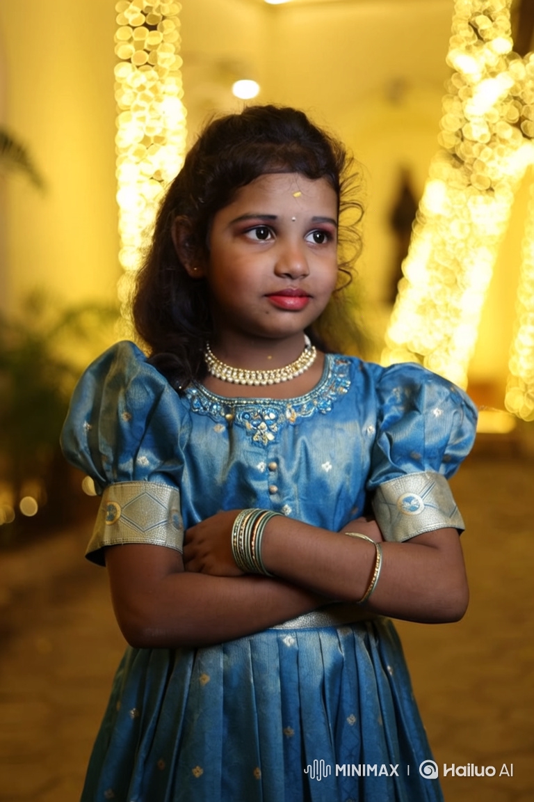 Young Girl in Blue and Gold Gown with Thoughtful Transition