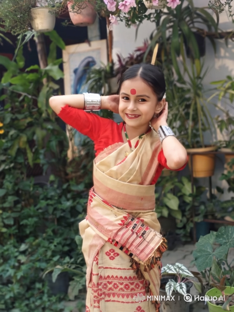 Young Girl in Traditional Dress Performs Assamese Dance