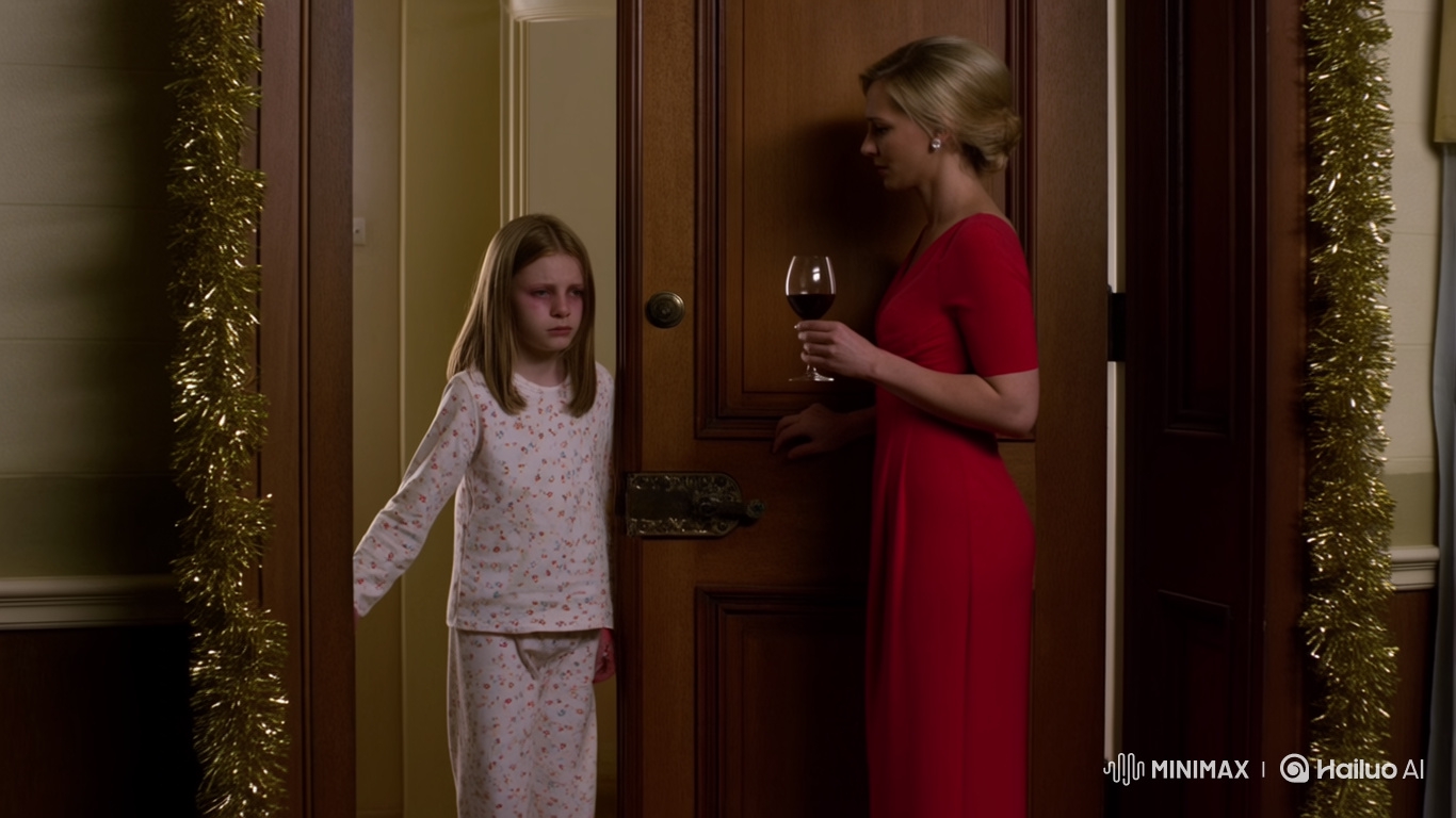 Young Girl in Pajamas Meets Elegant Woman at New Year's Doorway