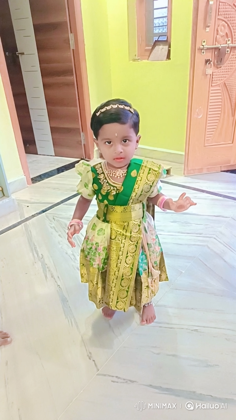 Young Girl in Traditional Dress Takes Cautious Step Forward