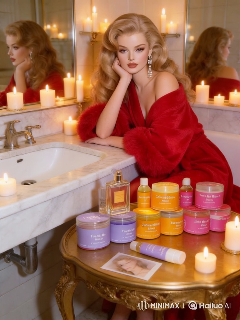 Glamorous Woman Showcases Beauty Products in Elegant Bathroom