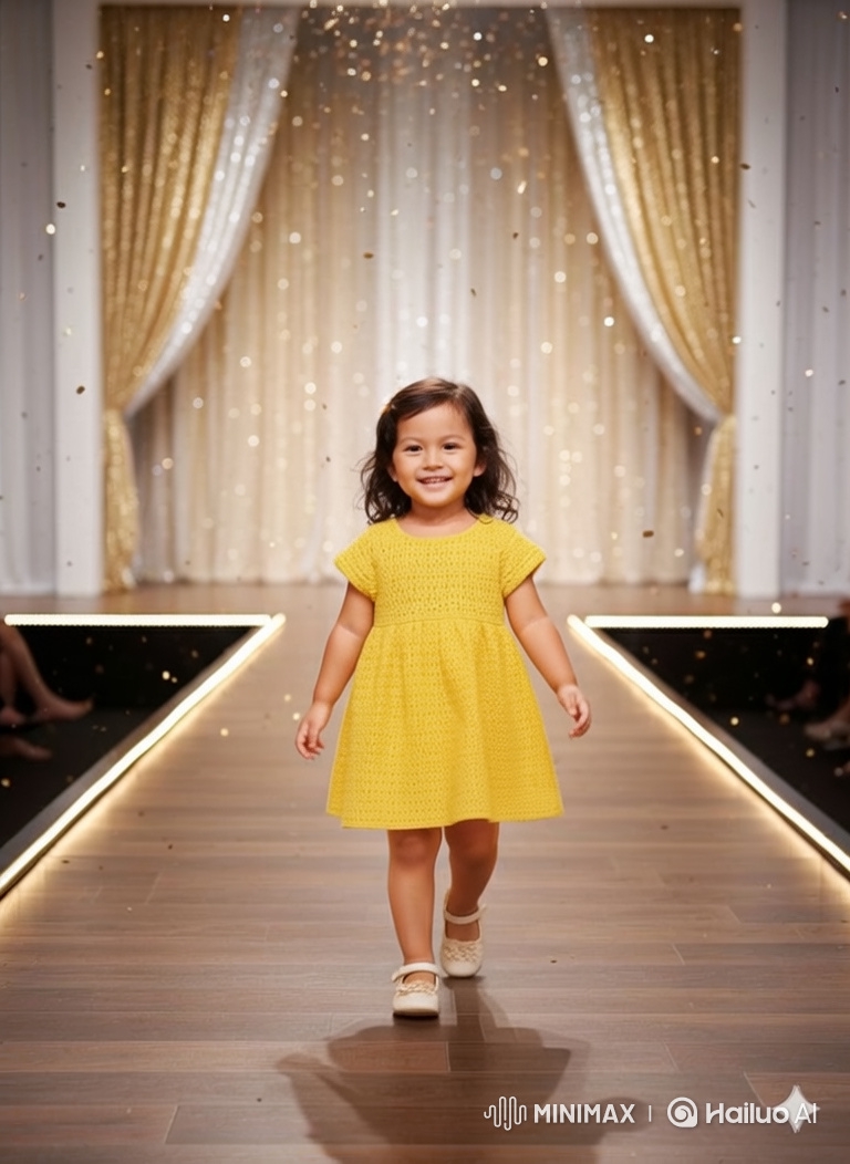 Young Girl in Yellow Dress Struts Gracefully on Runway