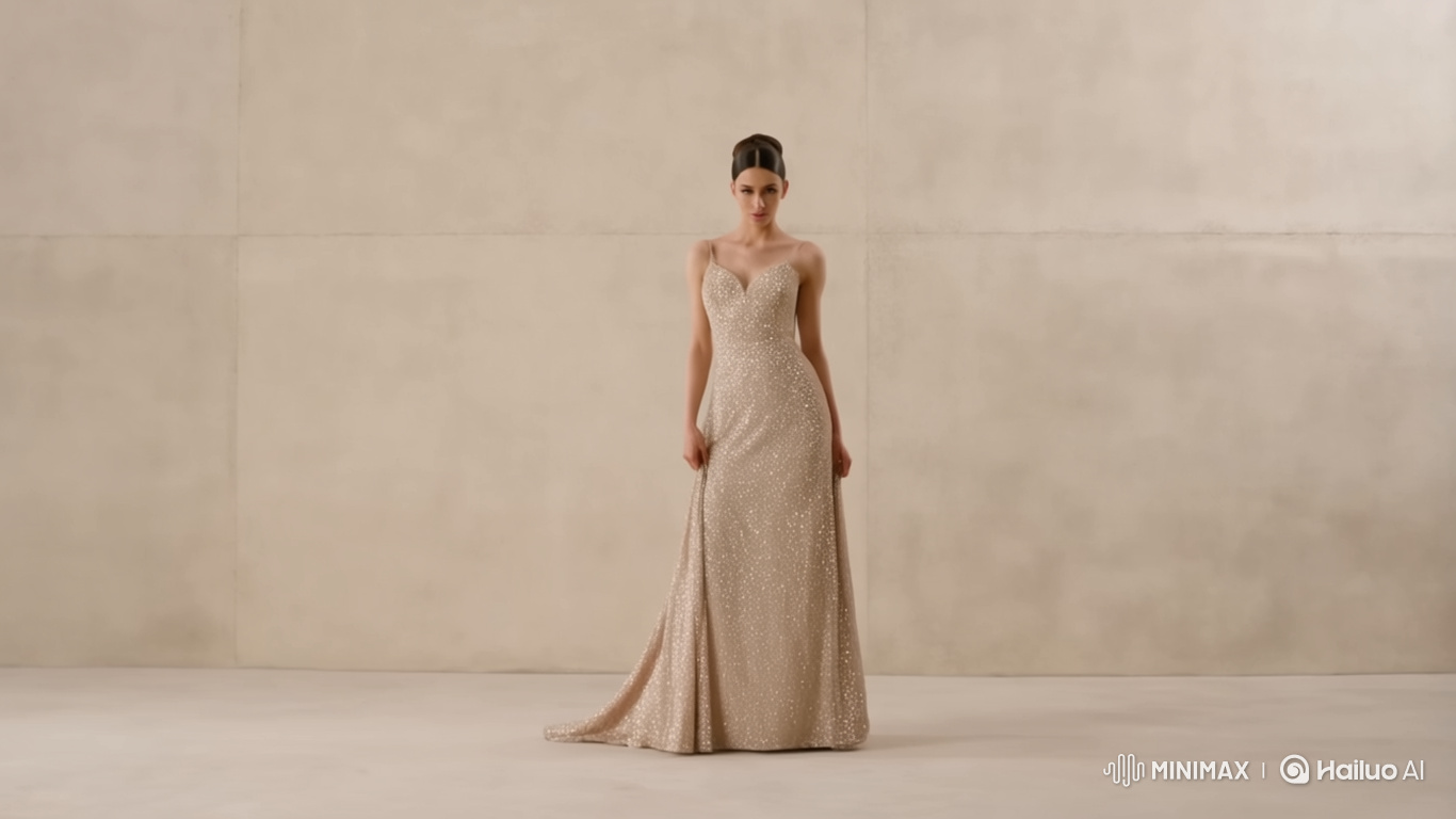 High Fashion Model Showcases Elegant Dress in Minimalist Studio