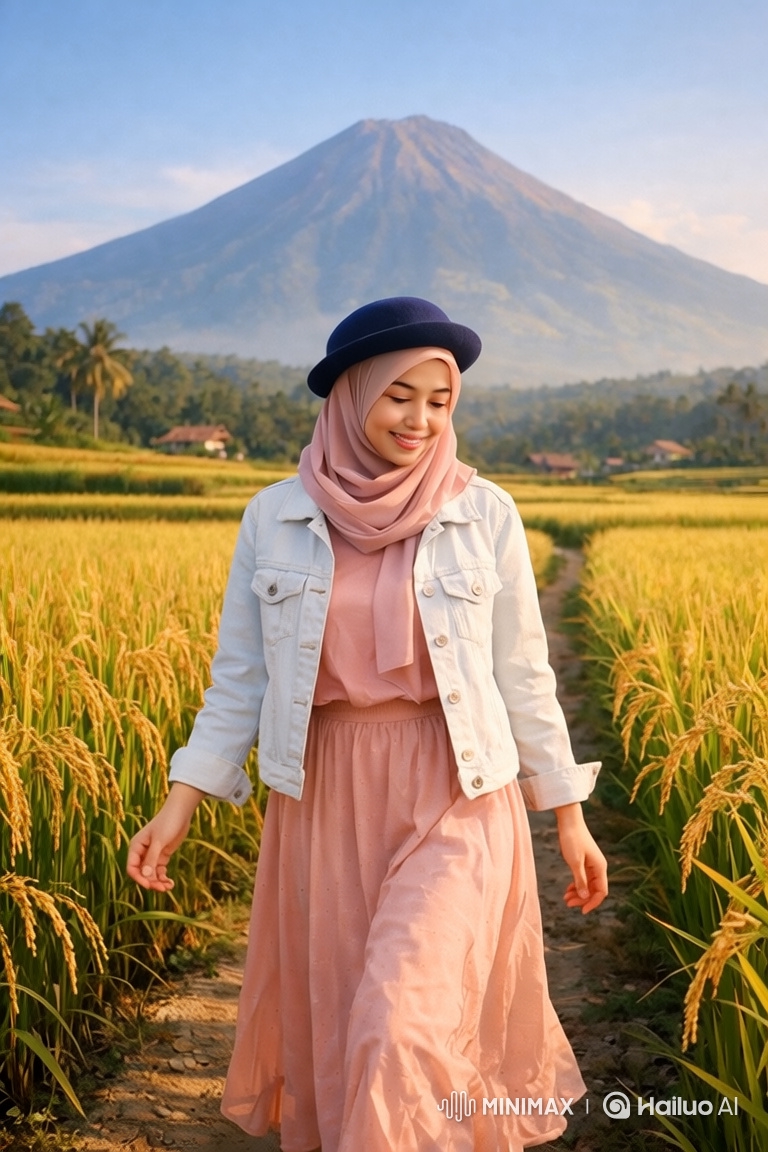Young Woman in Pink Dress Walks Through Golden Rice Field