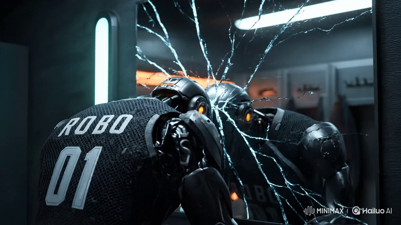 Title: "ROBO Reflects on Survival in a Futuristic Locker Room"