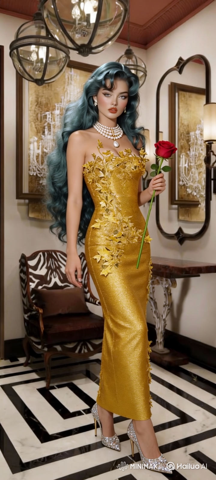 Elegant Woman Showcases Glamorous Gown in Opulent Room